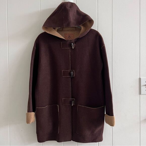 Lauren Ralph Lauren Wool Blend Brown Hooded Toggle Button Coat - Size Large - Picture 1 of 8